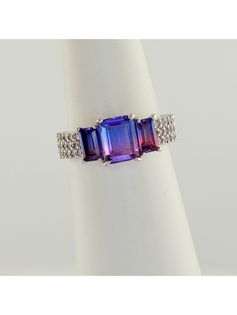 Bomb Party Ring Sz 8 "Watch Out Baby" Blue Purple Alexandrite Bicolor on Rhodium